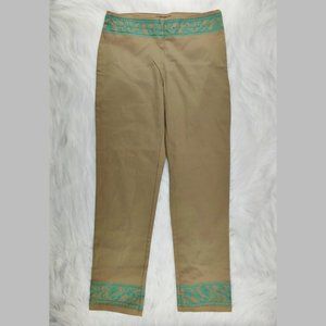 J. CREW Tan Cropped Ankle Pants Mint Green Embroidery